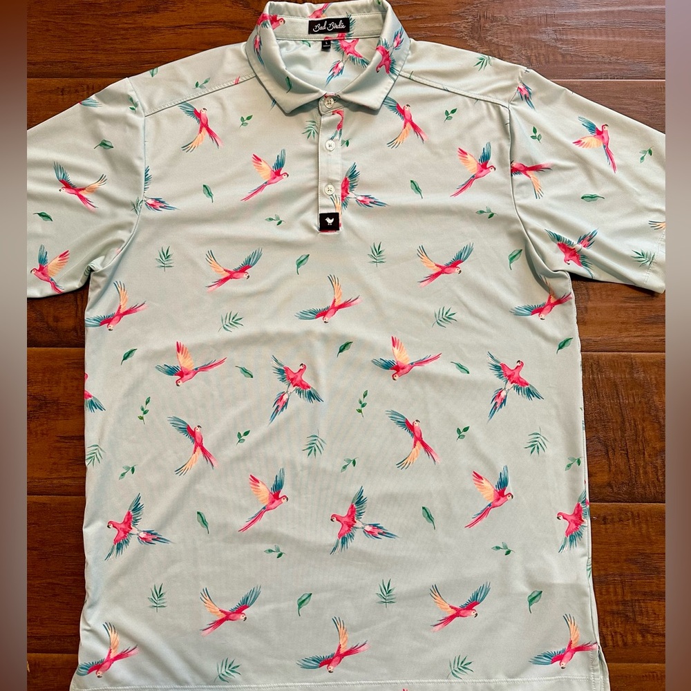 Bad Birdie Parrot Print Polo Golf Shirt size large